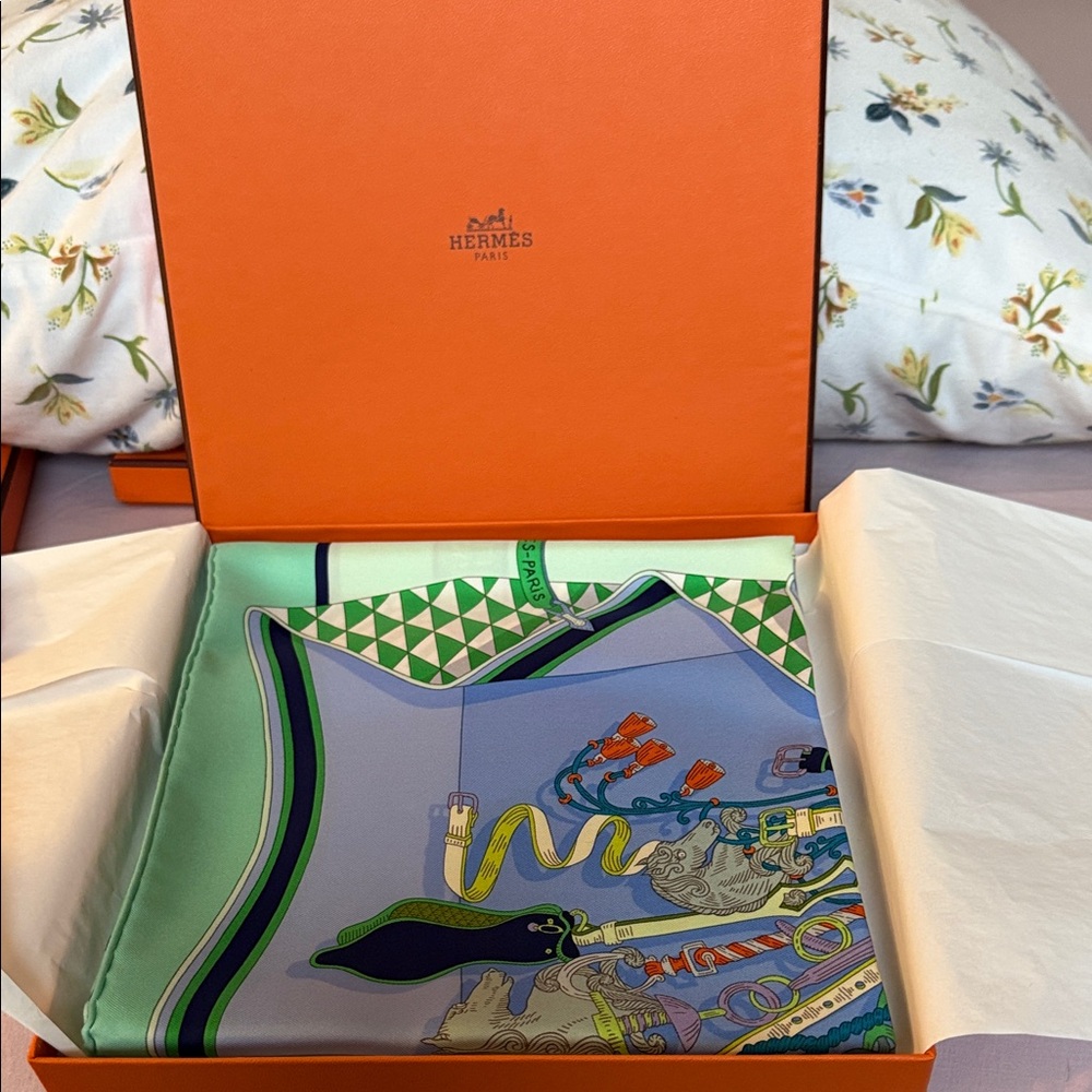 Hermès Silk Scarf with Blue, Yellow, and Green Accents